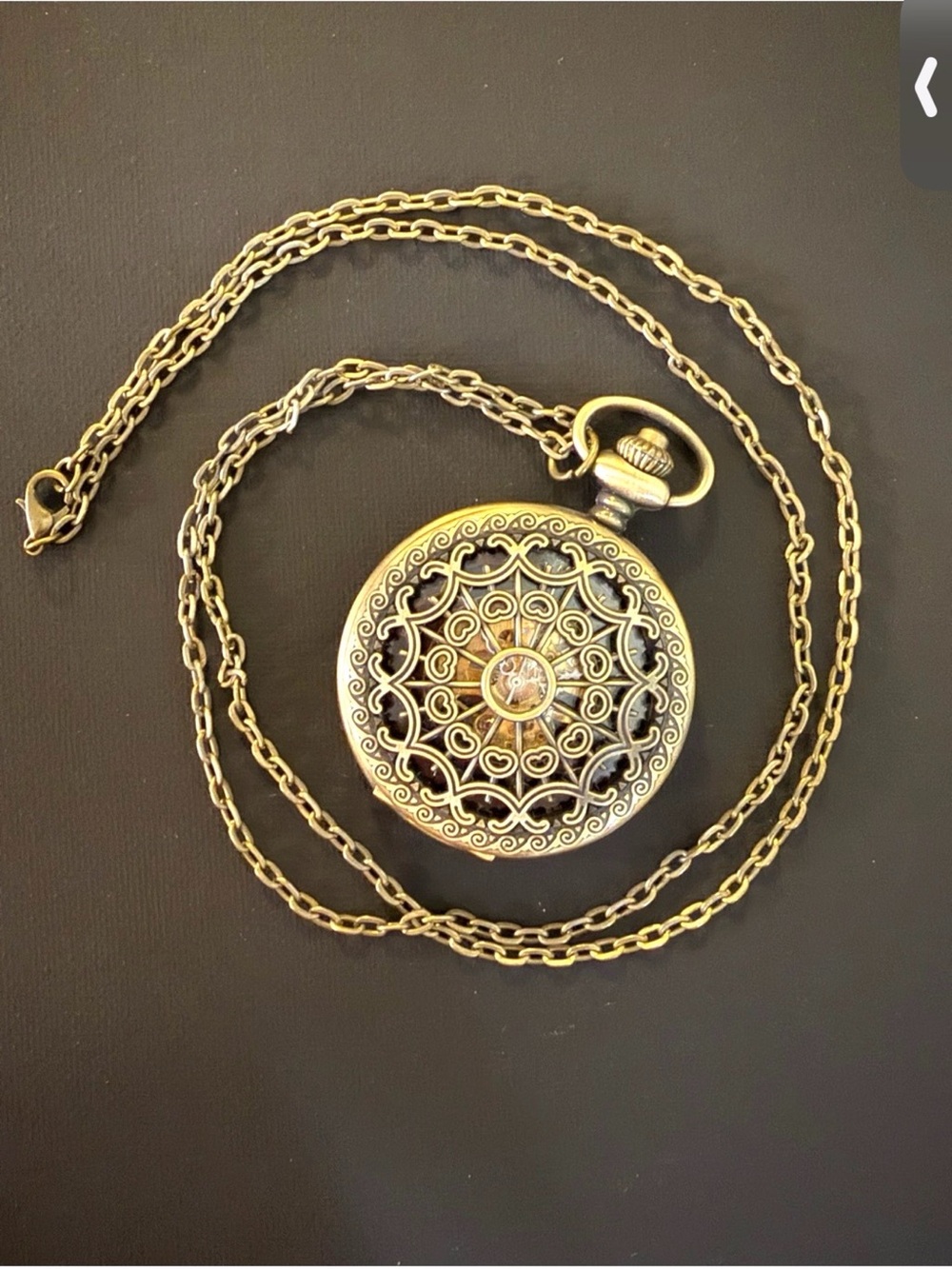 Vintage Pocket Watch Pendant Necklace Bronze Openwork 30” Chain